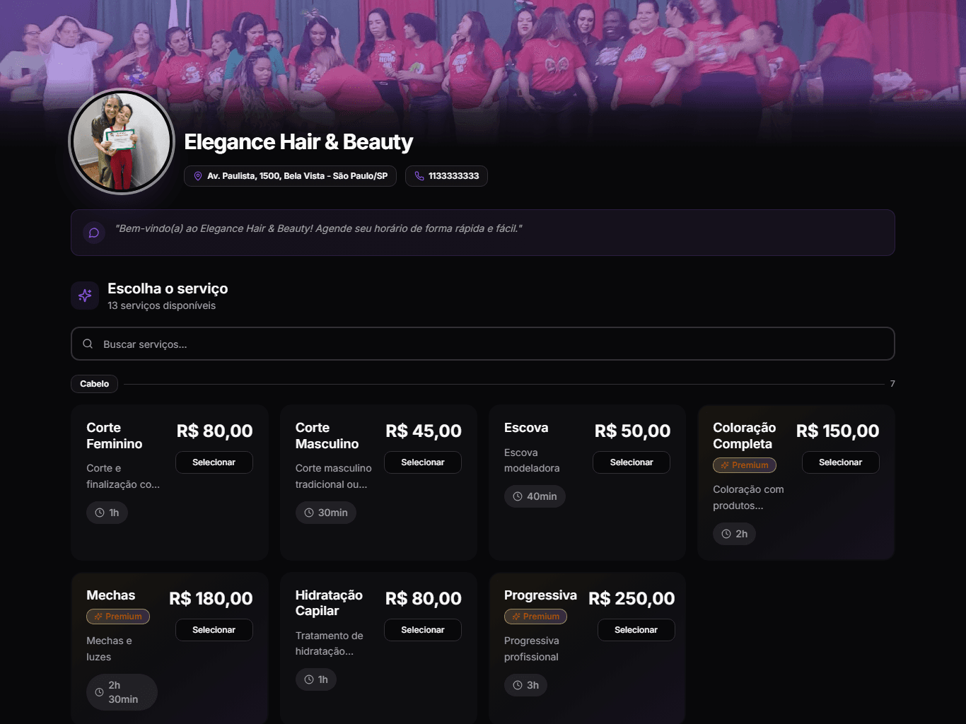 Página de agendamento online de um salão no SyncBeaute